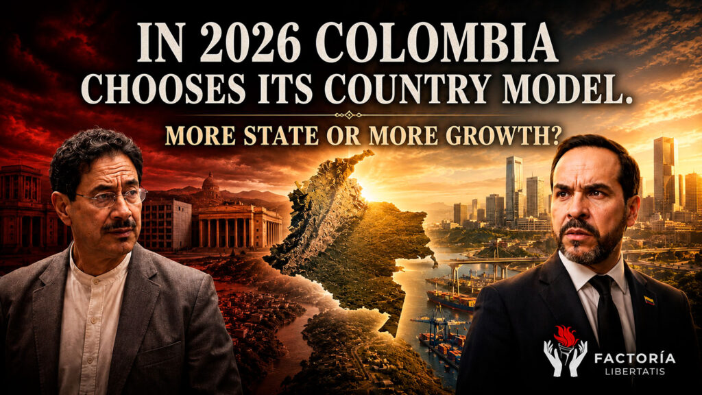Political illustration showing Colombia’s 2026 election as a choice between greater state intervention and economic growth.
