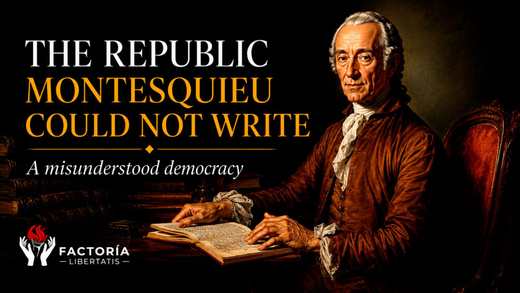 Illustration representing Montesquieu's political philosophy, the evolution of constitutional checks and balances, and the debate over republican institutions and the rule of law.